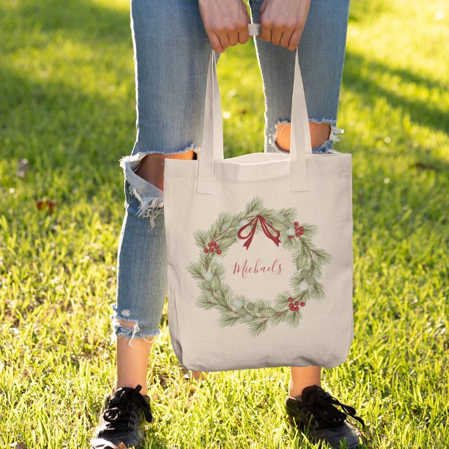 Red and Green Christmas Wreath Custom Script Tote Bag (Christmas holiday classic greenery wreath design tote bag)