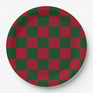 Red and Green Classic Christmas Checkerboard Print Paper Plates