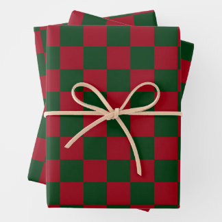 Red and Green Classic Christmas Checkerboard Print Wrapping Paper Sheets