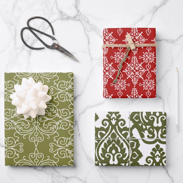 Red and Green Classic Damask Pattern Christmas Wrapping Paper Sheets (Front)