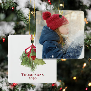 Red and Green Classic Holly Photo Custom Ceramic Ornament