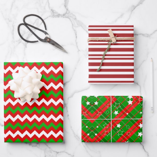 Red and Green Classic Stripes Christmas Wrapping Paper Sheets (Front)