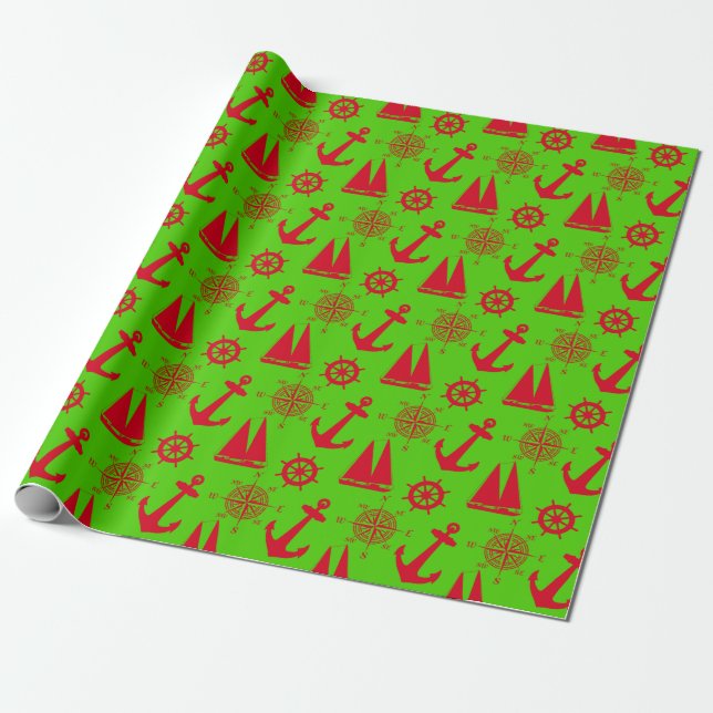 Red And Green Coastal Nautical Christmas Holiday Wrapping Paper (Unrolled)