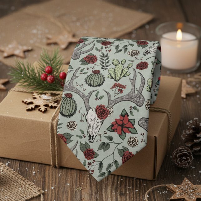 Red and Green Country Christmas Deer Head Antlers Neck Tie (Sage Green Country Christmas Men's Tie. Xmas Reindeer Skull, Antlers, Red Poinsettias, Cacti Pattern)