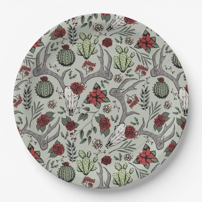Red and Green Country Cowgirl Christmas Antlers Paper Plates (Front)