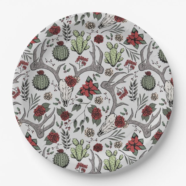Red and Green Country Cowgirl Christmas Antlers Paper Plates (Front)
