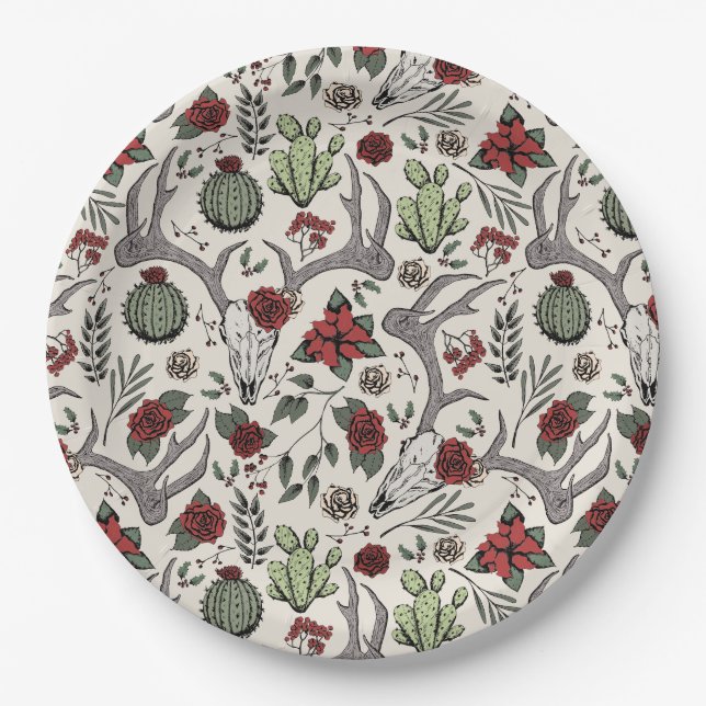 Red and Green Country Cowgirl Christmas Antlers Paper Plates (Front)