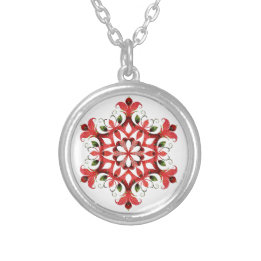 Red and Green Country Quilt Design Silver Plated Necklace