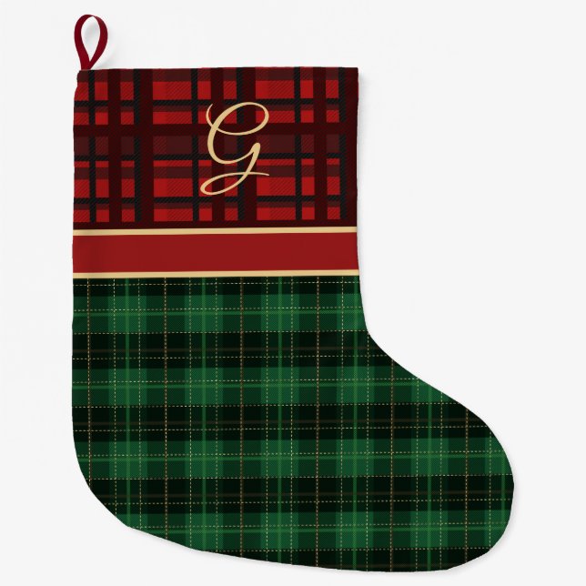 Red and Green Cozy Plaid with Gold Initial Large Christmas Stocking (Front)