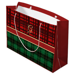 Red and Green Cozy Plaid with Gold Initial Large Gift Bag