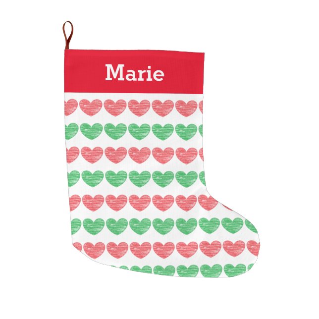 Red and Green Crayon Hearts Large Christmas Stocking (Front)
