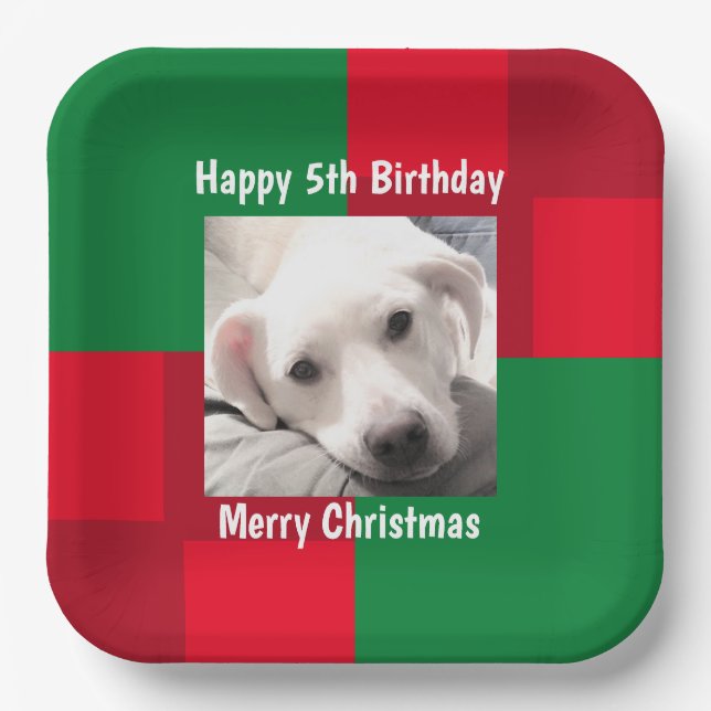 Red and Green Cute Dog Photo Holiday 5th Birthday Paper Plates (Front)