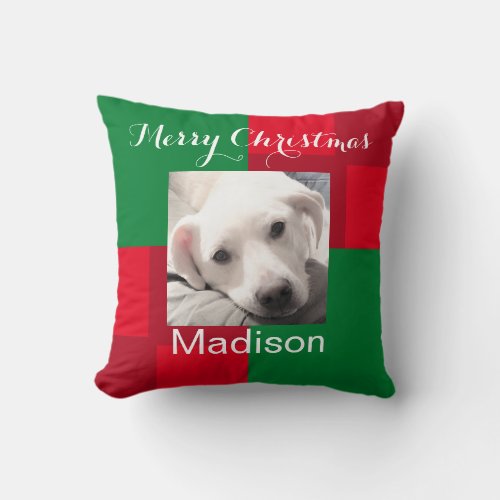 Red and Green Cute Dog Photo Holiday Throw Pillow