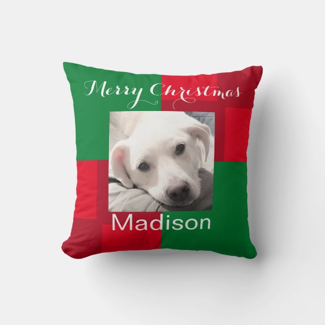 Red and Green Cute Dog Photo Holiday Throw Pillow (Front)