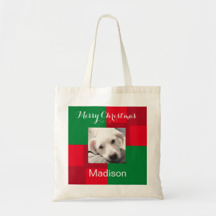 Red and Green Cute Dog Photo Holiday Tote Bag