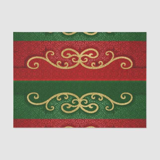 Red and Green Damask Elegance with Gold Accents Tissue Paper (Front)