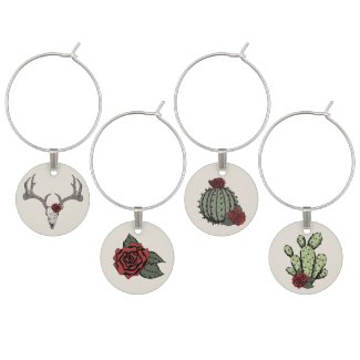 Red and Green Deer Reindeer Skull, Roses, Cactus