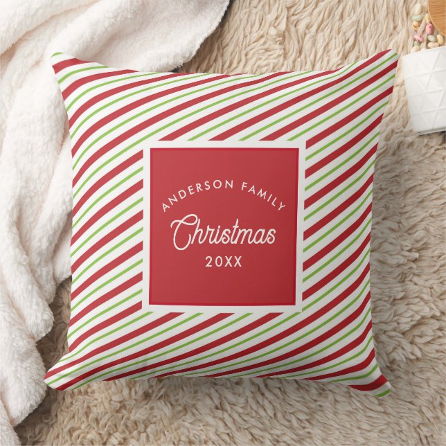 Red and Green Diagonal Holiday Stripes Throw Pillow (Blanket)