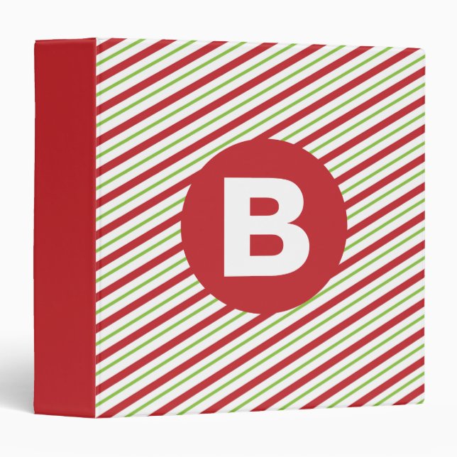 Red and Green Diagonal Pinstripes Monogram 3 Ring Binder (Front/Spine)