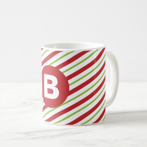 Red and Green Diagonal Pinstripes Monogram Coffee Mug