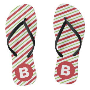 Red and Green Diagonal Pinstripes Monogram Flip Flops