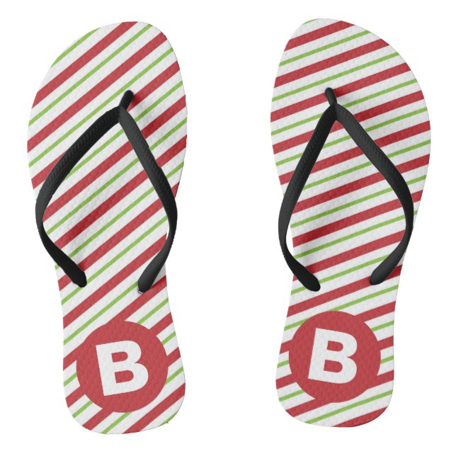 Red and Green Diagonal Pinstripes Monogram Flip Flops (Footbed)