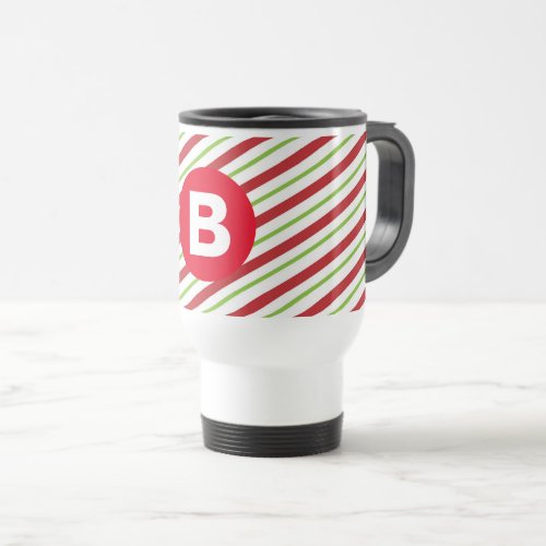 Red and Green Diagonal Pinstripes Monogram Travel Mug