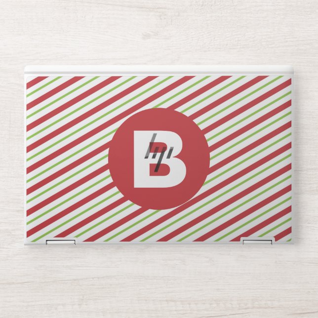 Red and Green Diagonal Pinstripes Monogrammed HP Laptop Skin (Front)