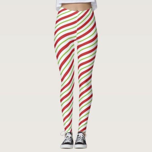 Red And Green Diagonal Striped Candy Cane Pattern Leggings