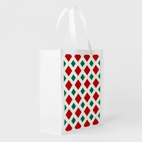 Red and Green Diamonds on White Reusable Grocery Bag