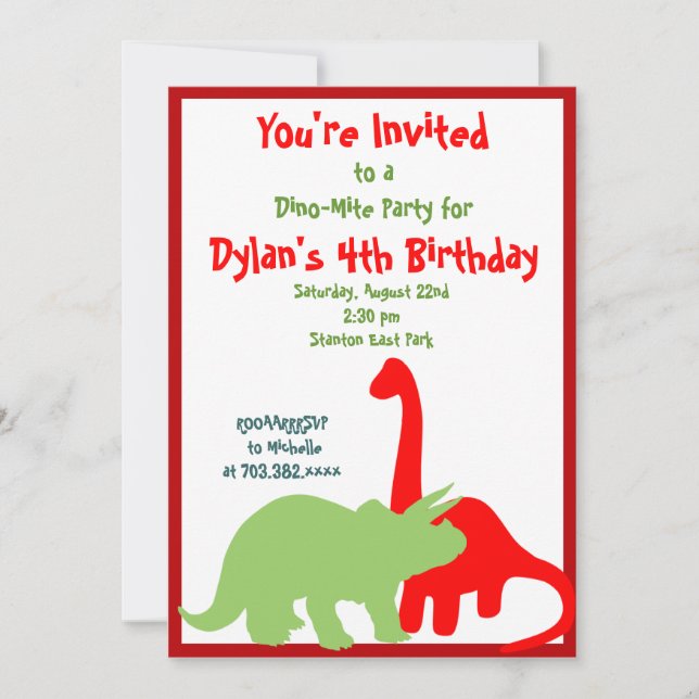 Red and Green Dinosaur Birthday Party Invitations (Front)