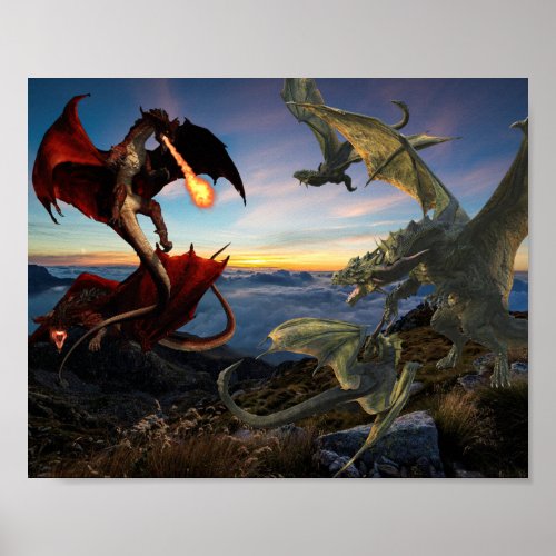 Red and Green Dragon Battle Fantasy Poster