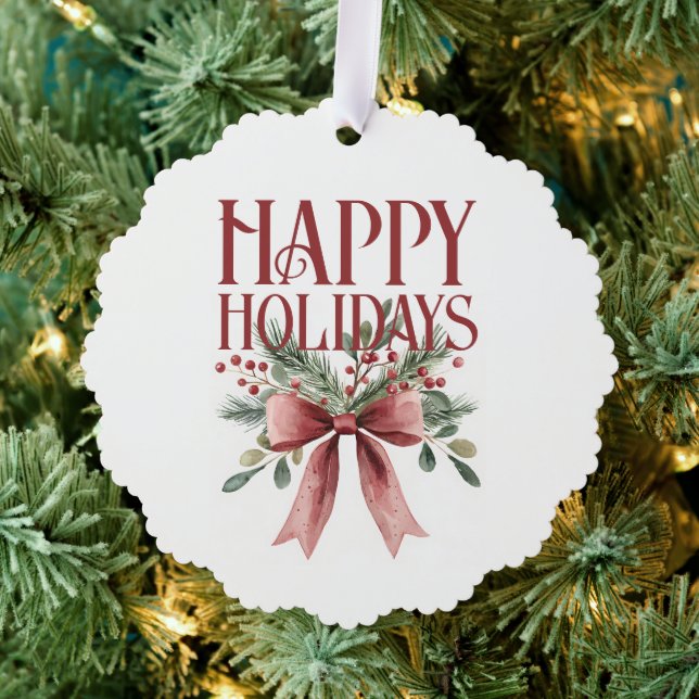 Red and Green Elegant Bow Greenery Happy Holidays Ornament Card (Insitu (Tree))