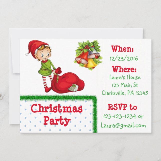 Red and Green Elf Christmas Party Invitation (Front)