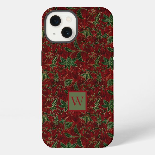 Red and Green Faux Velvet Pattern with Initial Iphone Case (Back)