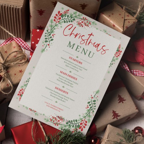Red and Green Festive Floral Christmas Dinner Menu Invitation