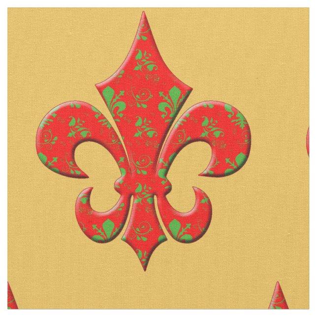 Red and Green Fleur de Lis Fabric (Close Up)