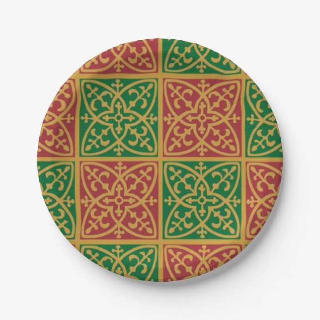 Red and Green Fleur-de-lis Holiday Paper Plate (Front)