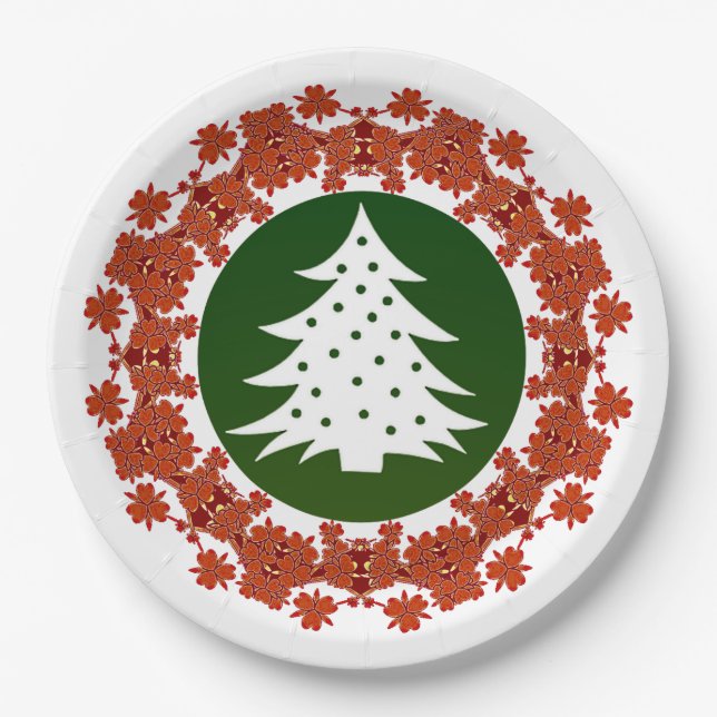 Red and Green Floral Christmas Tree Dinner  Paper Plates (Front)