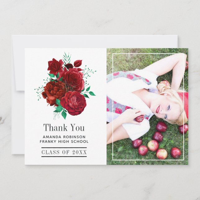 Red and Green Floral Graduation Photo Thank You Card (Front)