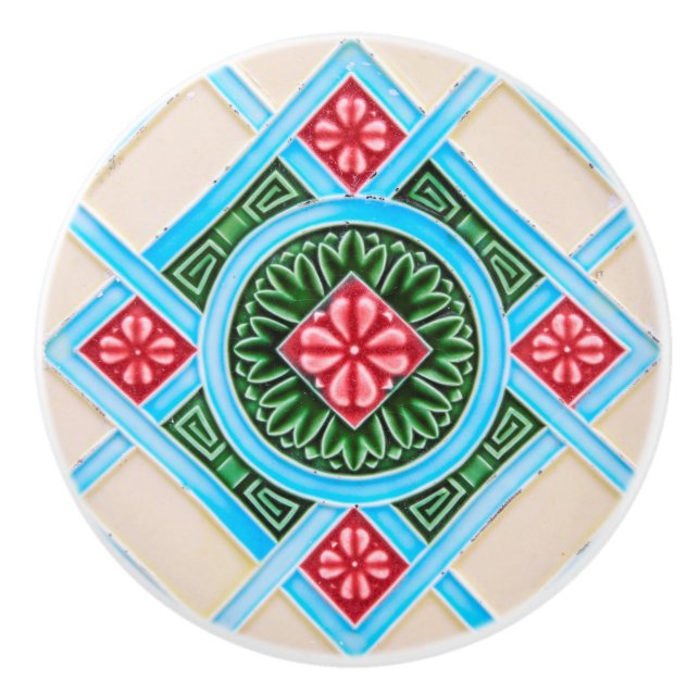 Red And Green Floral Ornamental Furniture Ceramic Knob (Front)