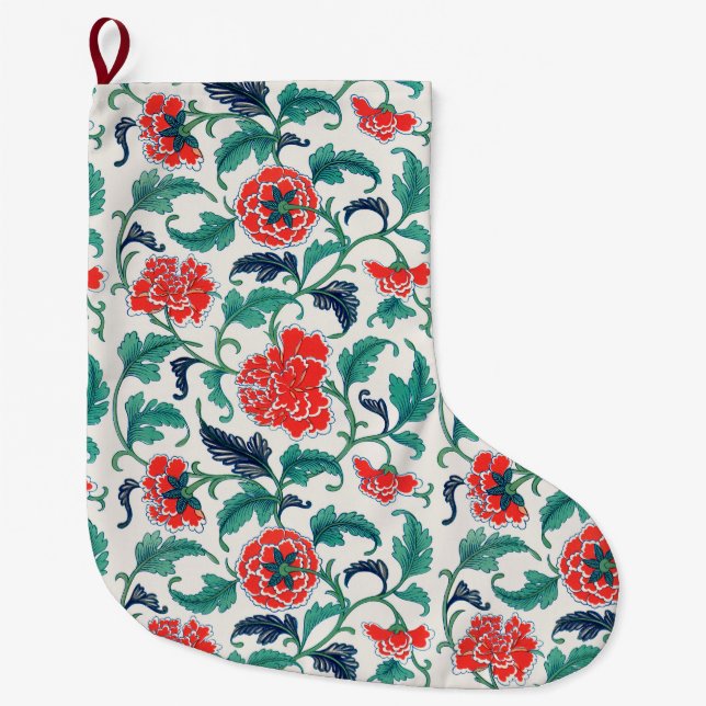 Red and Green Floral Pattern Large Christmas Stocking (Front)