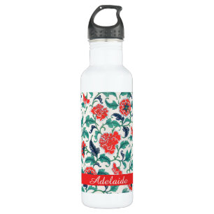 Red and Green Floral Pattern Monogram Name Stainless Steel Water Bottle