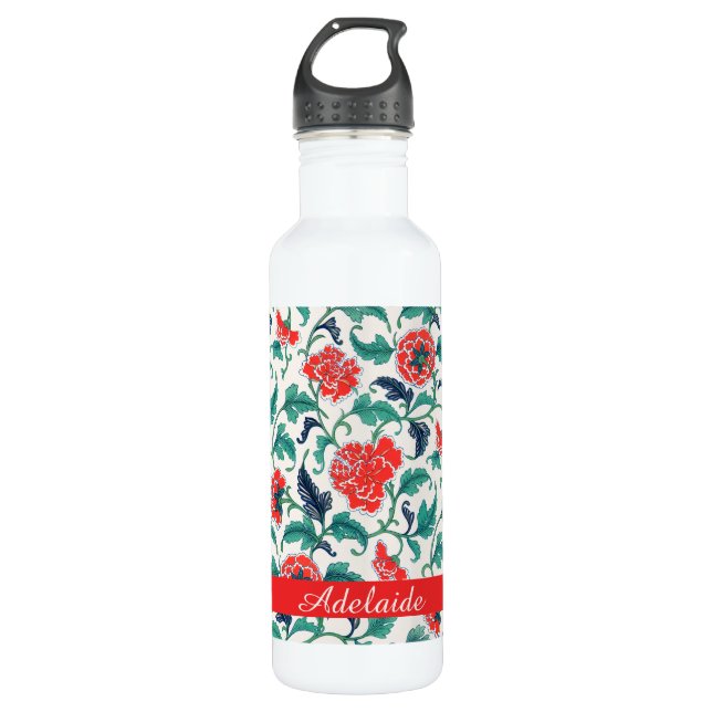 Red and Green Floral Pattern Monogram Name Stainless Steel Water Bottle (Front)
