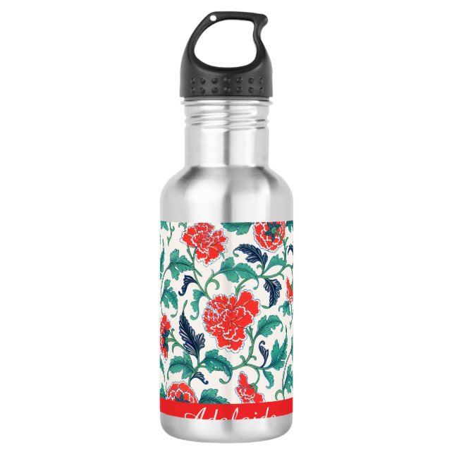 Red and Green Floral Pattern Monogram Name Stainless Steel Water Bottle (Front)
