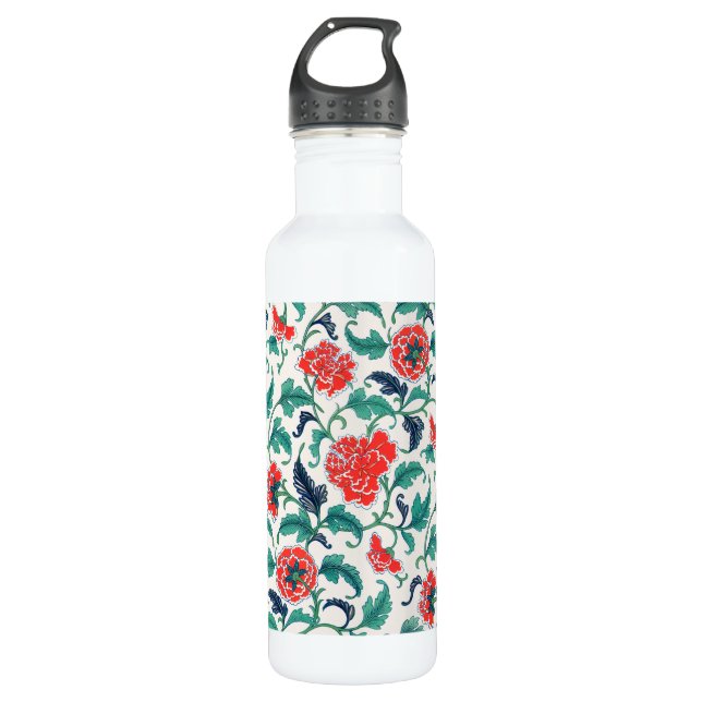 Red and Green Floral Pattern Stainless Steel Water Bottle (Front)