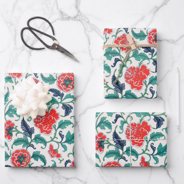 Red and Green Floral Pattern Wrapping Paper Sheets (Front)