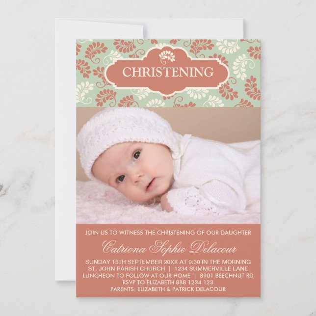 Red and Green Floral Photo Christening invitation (Front)
