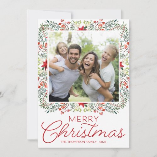 Red and Green Floral Photo Christmas Cards
