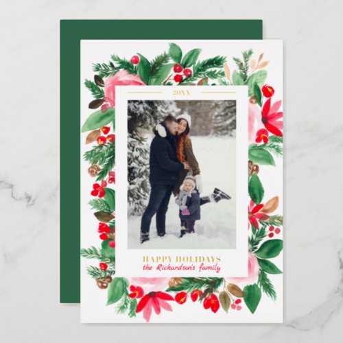 Red and green floral watercolor Christmas photo Foil Holiday Card